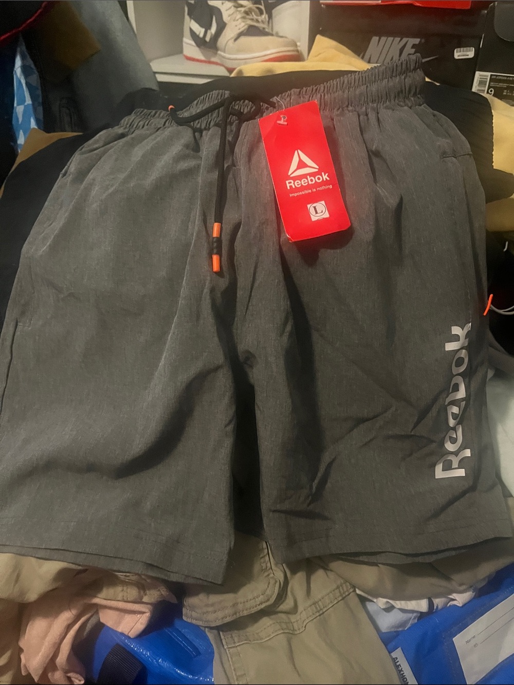 Reebok Men’s Dark Gray Athletic Shorts with Logo
